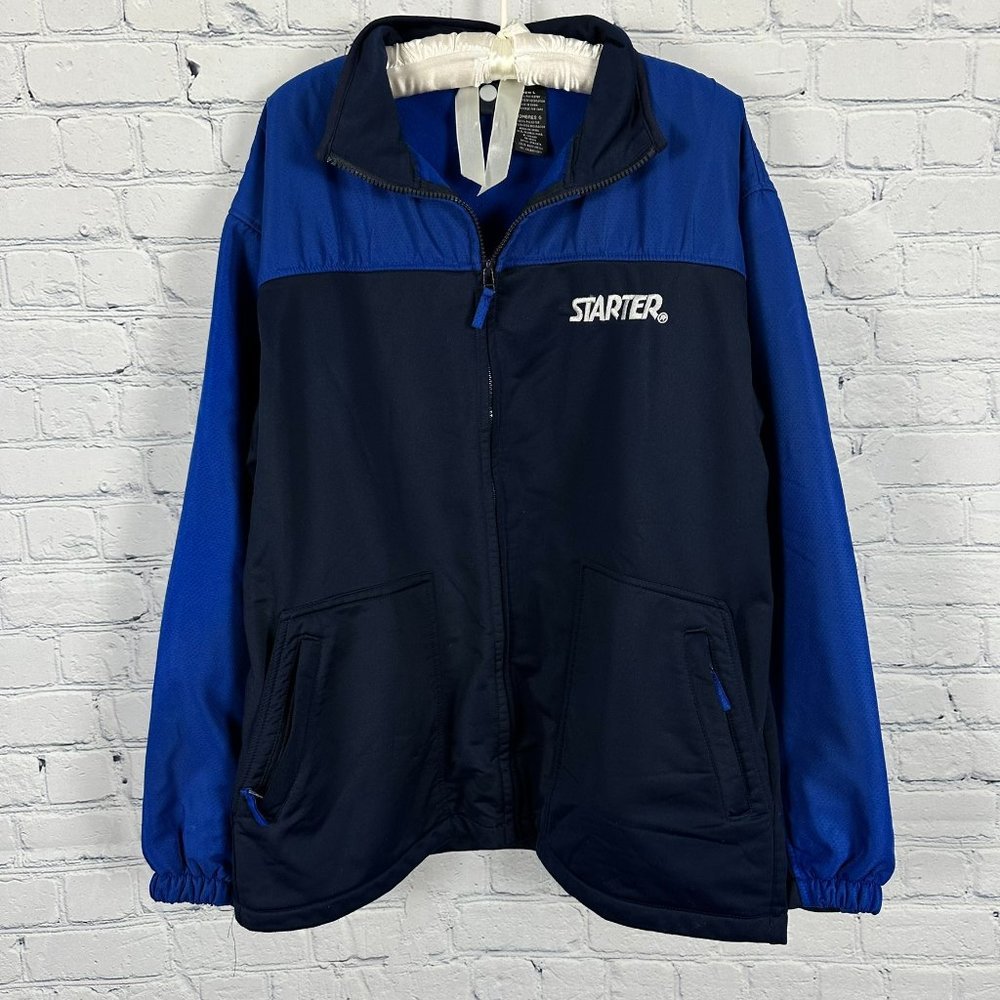 Starter Men's Vintage Fleece Lined Spellout Athletic Jacket, Size L, Navy/Blue